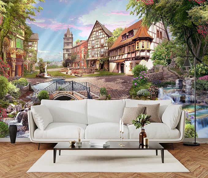 Flowery Waterfall and Beautiful Street Scene in The Sunshine Wall Mural for Living Room, Bedroom, Bathroom Backdrop Decoration（Non-self-Adhesive）