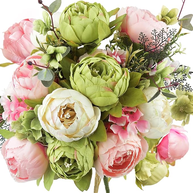 FiveSeasonStuff 2 Bundles Pink Beige Green (Spring Waltz) Peonies Artificial Flower Bouquet