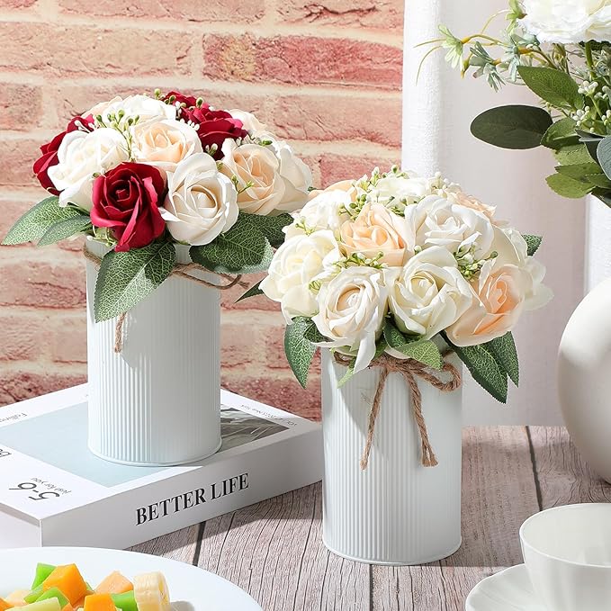 Domensi 5.91 in High Farmhouse Vase Decor Galvanized Metal Flower Vase with Twine Bow Vintage Rustic Tin Flower Buckets for Artificial Floral Table Container DIY(White,32 Pcs)