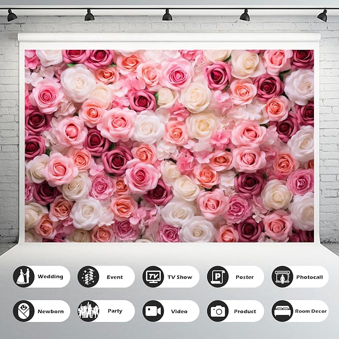 Pink Roses Background Flowers Wall Photography Background Various Floral Roses Backdrops Anniversary Birthday Wedding Baby Shower Backgrounds Decor Children Adults Video Studio Prop 10x6.5ft