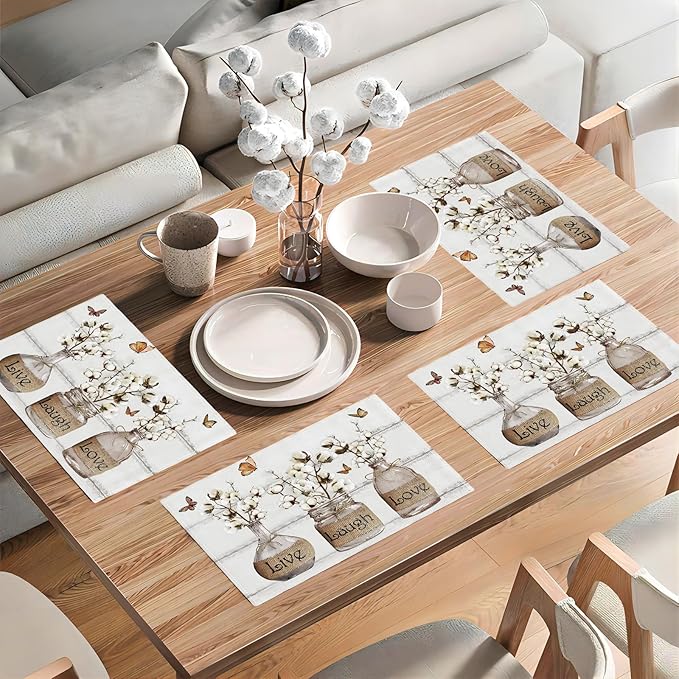 Cotton Flower Placemats Set of 6 Farmhouse Floral Table Mats Washable Place mats for Home Party Indoor Kitchen Dining Table Linen Decoration 12x18 Inch