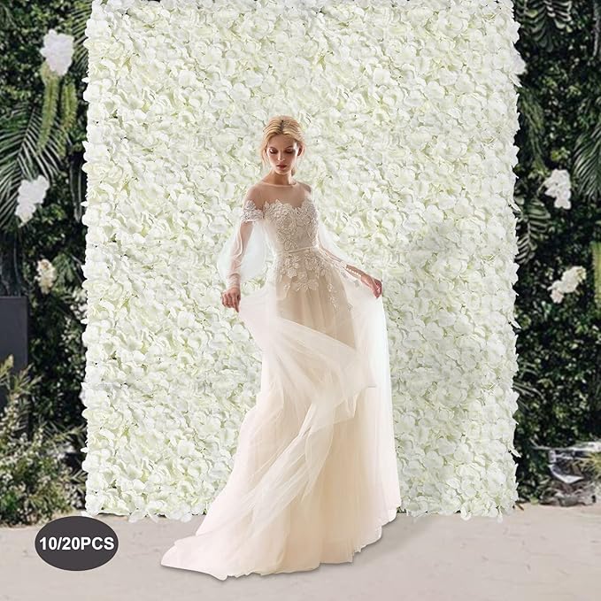 3D Flower Wall Panel, 10pcs Artificial Floral Wall Backdrop, Realistic Silk Flower Backplanes, Roll Up Fake Flower Background for Valentines Wedding Party Photo Arrangement Outdoor Decor(Milky White)