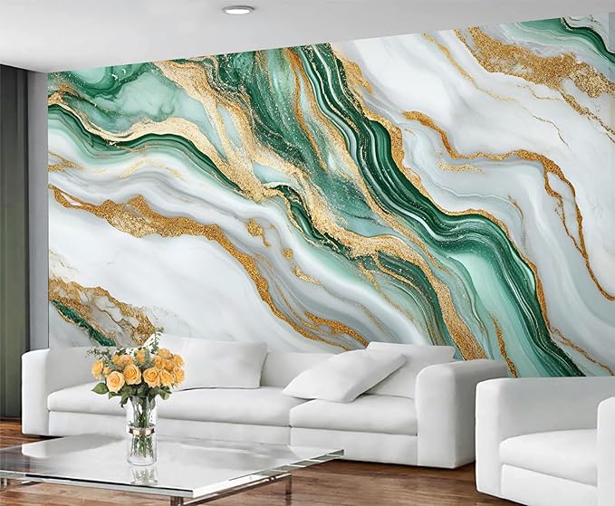 Green Gold Marble Wall Mural, Elegant Marble 3D Wall Murals, Luxury Stone Texture Wallpaper Mural, for Living Room Bedroom Large Wallpaper Indoor Decor 78.7" W x55.1 H