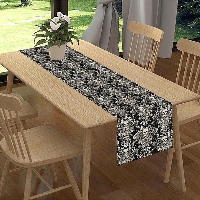 Gothic Table Runner, Black Damask Skull Boho Vintage Art Print Linen Table Center Decor Family Kitchen Outdoor Farmhouse Holiday Party Table Decorations 13x90 inch