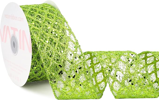 VATIN 2-1/2" Apple Green Christmas Ribbon, Green Glitter Mesh Diamond Web Sequin Dots Wired Christmas Ribbon for Gift Wrapping Bow Making Wreath Supply-10 Yards