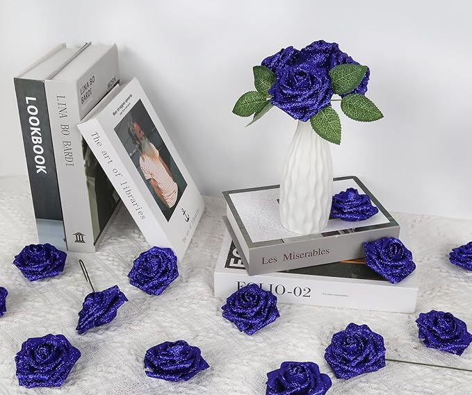 Roses Artificial Flowers 30PCS Fake Blue Roses 3.15" Glitter Roses Bouquet for DIY Wreath Wedding Christmas Home Party Decor(Royal Blue)