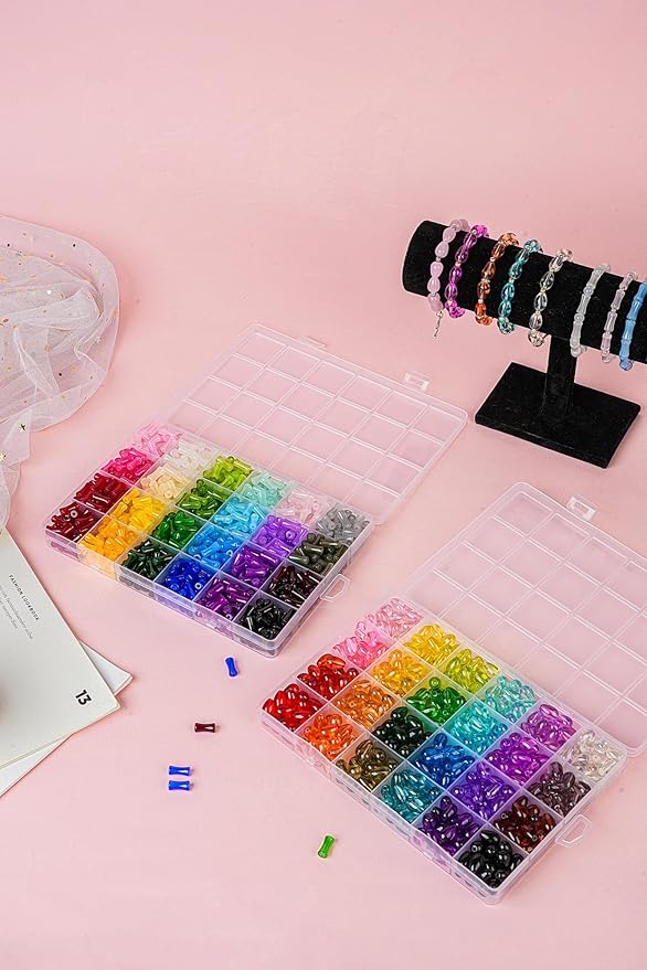 REVKI 1200pcs Glass Beads Bracelet Making Kit, 48 Colors Crystal Beads for Jewelry Making,Strange Shaped Glass Beads for Bracelets and DIY Crafts(Teardrop and Bamboo)