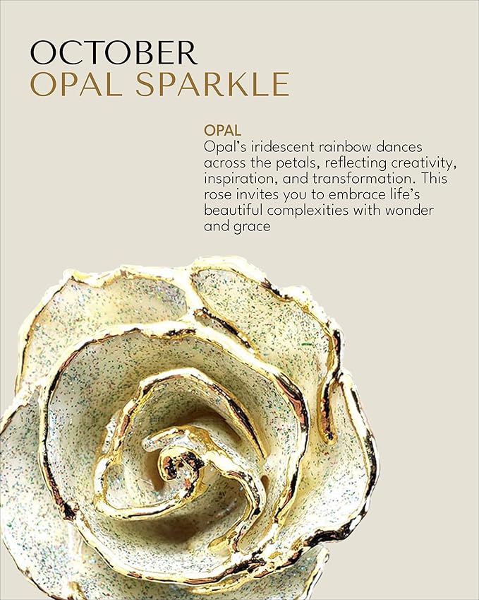 Forever Rose Hand-Dipped in 24K Gold, Opal-Inspired October Birthstone with Sparkles, Real Rose in Leather Case with LED Light – Perfect Ready to Gift for October Birthday or Any Occasion
