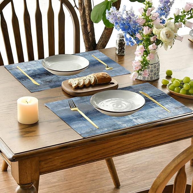 Abstract Blue and Grey Art Placemats Set of 4, Placemats for Dining Table,Heat Resistant Stain Resistant Wipeable Table Mats for Kitchen Dining Holiday Party Home Decor,12x18 Inch