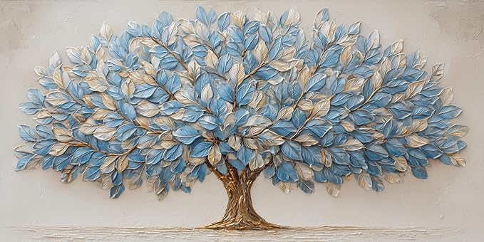 Blue Tree of Life Canvas Wall Art Nature Blue Gold Leaf Abstract Tree Canvas Painting Textured Pictures, Modern Large Panoramic Landscape Ready for Living Room Bedroom Office Home Décor 58L" x 28W"