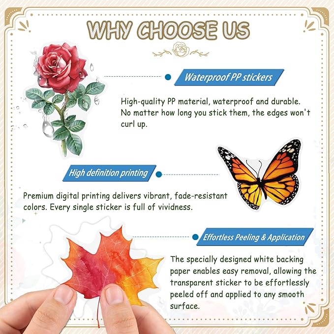 200Pcs Transparent Flower Butterfly Stickers, Aesthetic Nature Floral Decals for Girls Kids Teens Adults, Waterproof Sticker for Water Bottle Scrapbooking Laptop DIY Card Letters Party Supplies