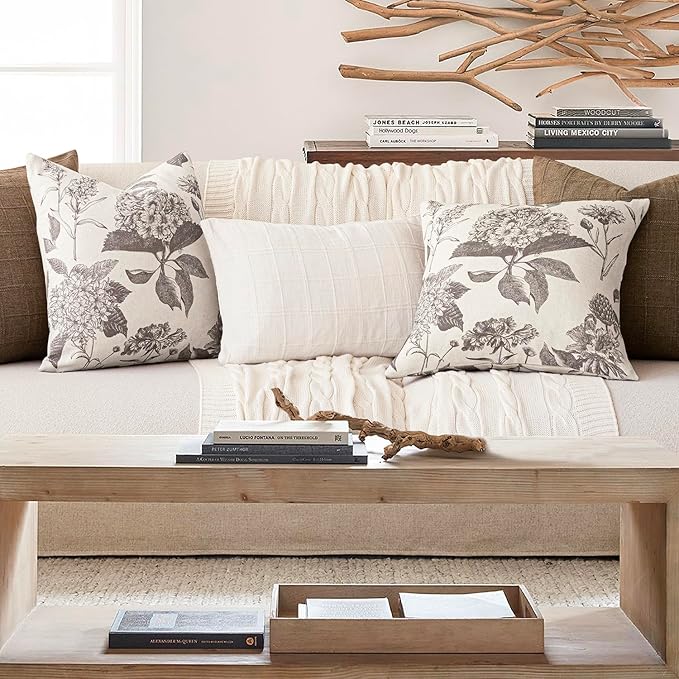Foindtower Set of 2 Linen Floral Throw Pillow Covers Vintage Accent Print Decorative Cushion Covers Farmhouse Boho Home Decor for Sofa Chair Couch Bedroom Living Room,24×24 Inch,Light Gray