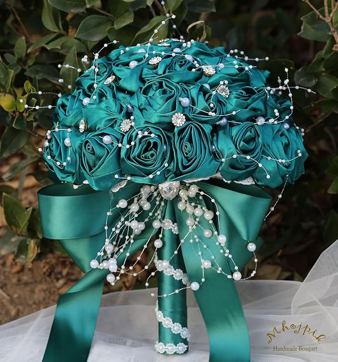 Bridal Wedding Bouquet Round Bling Brooch Bouquet Throw Toss Artificial Rose Flower Bunch for Bride Bridesmaid Wedding Quinceanera(Dark Green, 9.8")