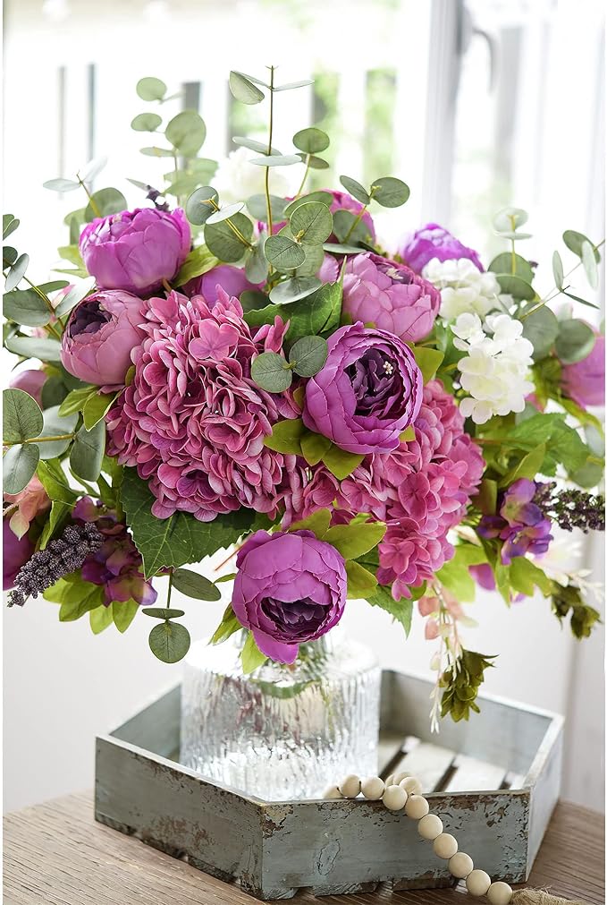 FiveSeasonStuff Vintage Artificial Peonies Silk Peony Flowers and Hydrangeas for Wedding Bridal Home Décor – Beautiful Floral Centerpiece Arrangement Decoration with 2 Bouquets (Thistle Purple)