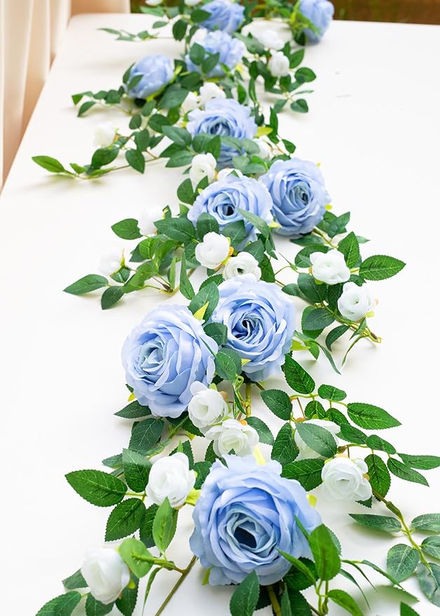 6FT Bendable Flower Garland, Artificial Rose Vine Hanging Floral Garland Decoration for Weding Home Room Wall Decor (Blue, 2pcs)