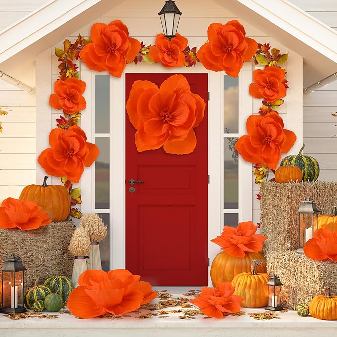 Giant Paper Flowers Artificial Large Paper Flower Decoration for Handcrafted Wall Backdrop Christmas Mexican Wedding Graduation Bridal Shower Birthday Party Supplies(Orange,12 Pcs)