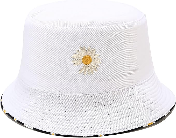 Flower Reversible Bucket Hat Cotton Summer Travel Beach Sun Hats Emboridery for Women Men