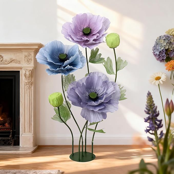 Giant Artificial Flowers 5Pack Fake Flowers for Decoration, Fabric Poppy Flower for Wedding Birthday Easter Party Mother's Day Banquet Photography Props Garden Shop Window Display Decor(Dark Colorful)