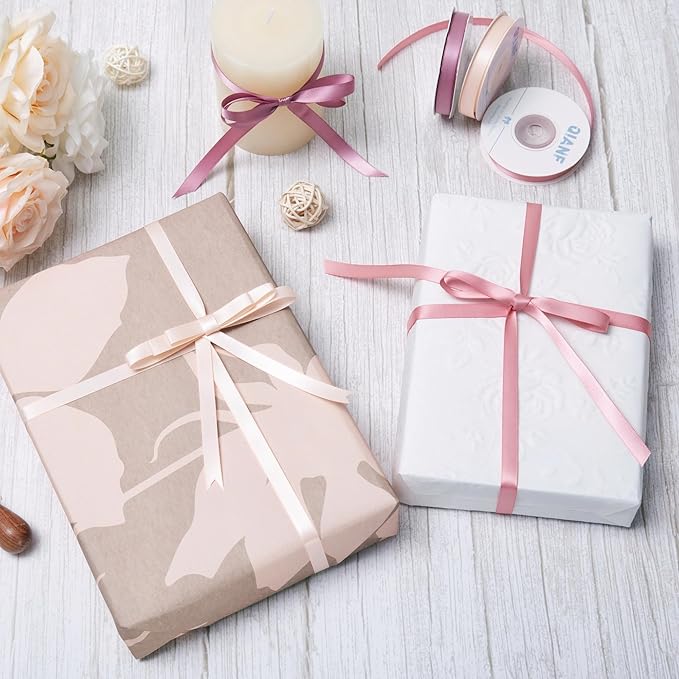 Dusty Rose Double Face Satin Ribbon 3/8 Inch x 45 Yards Champagne Pink/Rose Gold/Mauve Fabric Ribbon for Gift Wrapping, Flower Bouquets, Bows Making, Wedding Decor (3 Rolls *15Yd)