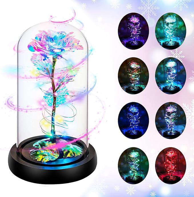 Childom Christmas Rose Gifts for Women,Birthday Gifts for Women Mom Christmas,Flowers for Delivery Prime,Rotating Colorful Light Up Rose in A Glass Dome,Anniversary Rose Gift for Her Valentines Day