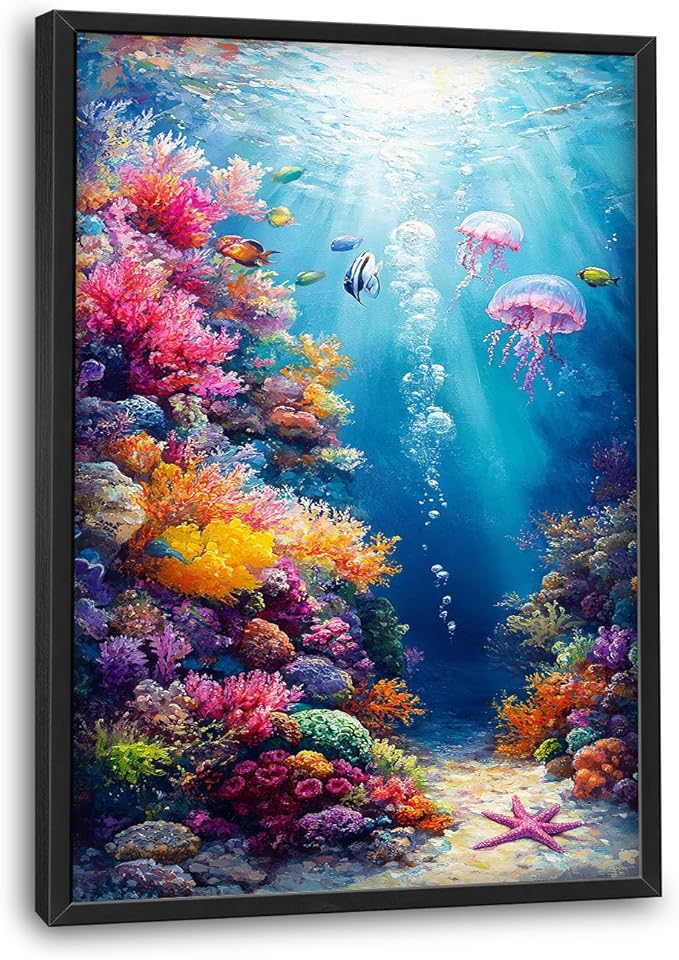 Ocean Large Wall Art Nautical Coral Sealife Pictures Wall Decor Undersea Canvas Seascape Print Painting Modern Artwork Home Decoration for Entrance Living Room Bathroom Bedroom Office Framed 36"x24"