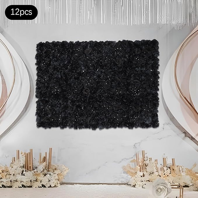 12 Pack Flower Wall Backdrop, 15x15 Inch Artificial Flower Wall Panels Black 3D Floral Backdrop Walls Silk Hydrangea Rose Walls for Decor Wedding Party