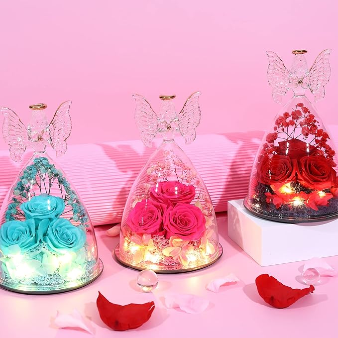 Mothers Day Mom Gifts for Women Preserved Flowers in Glass Angel Forever Flowers for Delivery Prime Eternal Roses Gifts for Grandma, Peach Pink