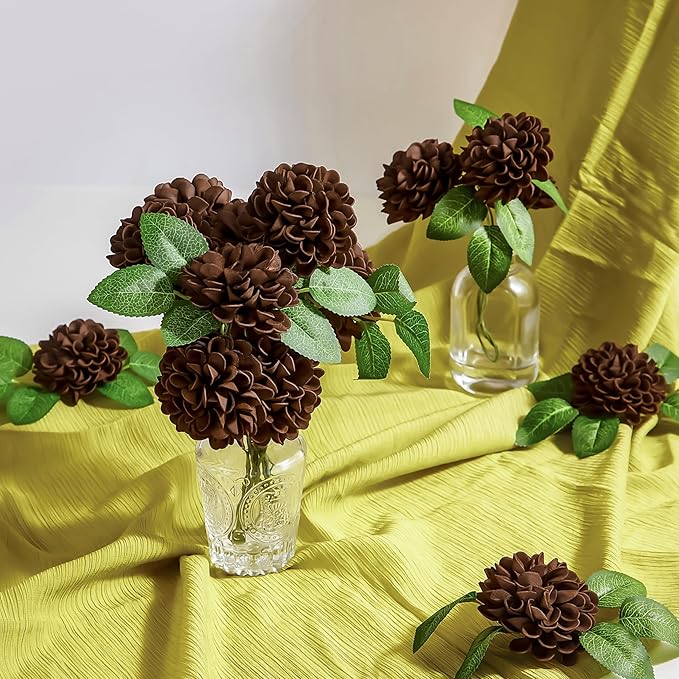Artificial Flowers, 25pcs Artificial Rose for DIY Bouquets Arrangement, Brown Dahlia Flowers Foam Fake with Stems for Wedding Shower Party Floral Arrangements Tables Home Decorations