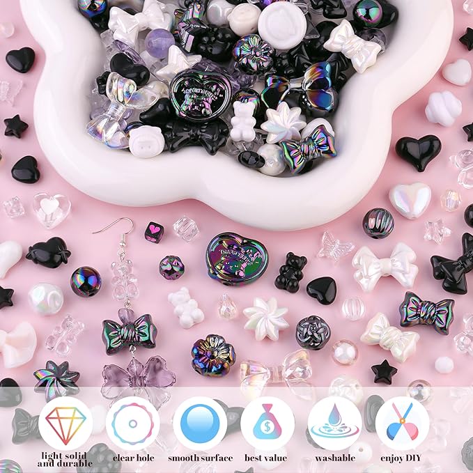 Assorted Acrylic Beads, 200-260PCS Black Cute Beads for Bracelet Making, GummyBear Bow Flower Candy Kawaii Charms for Jewelry Making DIY Necklace Keychain Phone Charm Christmas Gift
