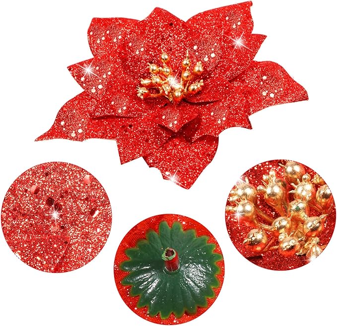 Boao 24 Pieces Glitter Poinsettia Artificial Christmas Flowers Poinsettia Decorations Wedding Christmas Tree Ornaments, 3/4/6 Inches (Red)