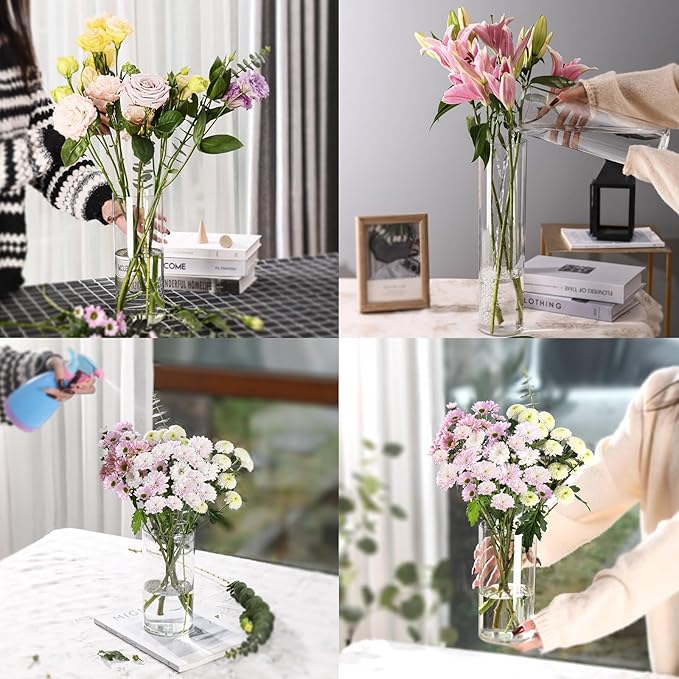 Clear Flower Vase, Non-breakable Vases, 6" W x 8" H, Acrylic Vase, Aesthetic Room Decor Cylindrical Modern Flower Vases for Table Centerpiece, Home Decor, Women Floral Arrangement Gift
