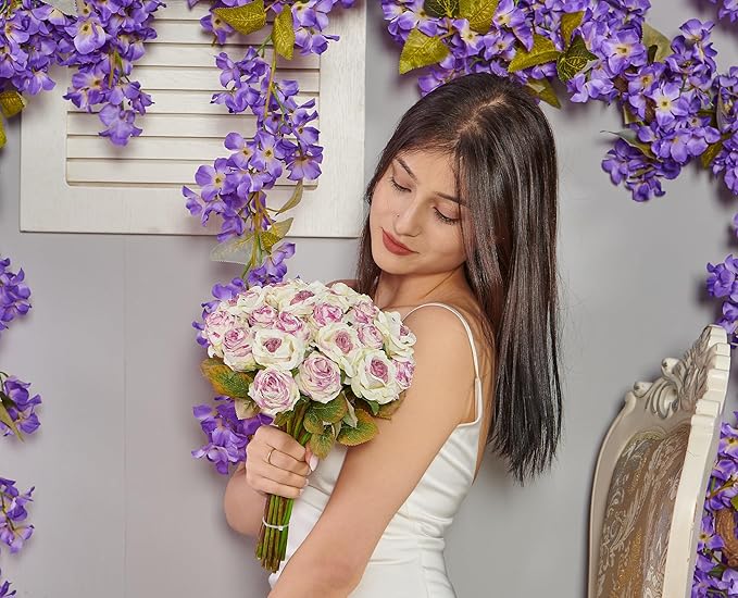 Rose Artificial Flower 28pcs Realistic Faux Silk Roses Fake Flowers Bouquets Arrangements Decor for Wedding Spring Mother's Day, Home Table Decorations, Light Purple Flower
