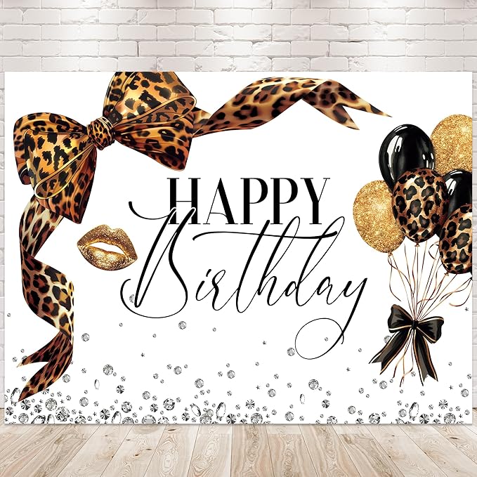 Leopard Print Bow Backdrop 8Wx6H Photography Brown White Gold Beauty Modern Bowknot Balloons Diamond Bownot Background Fashion Girly Party Decorations Banner Photo Booth Props Supplies