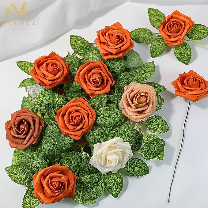 Meldel Artificial Flowers 50pcs Real Looking Orange Foam Fake Roses with Stems for DIY Wedding Bouquets Bridal Shower Centerpieces Floral Arrangements Home Decorations Bulk Rose