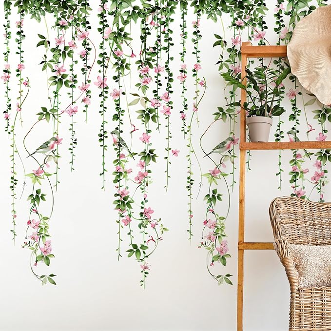 4 Sheets Hanging Vines with Flowers Wall Decals Green Plant Leaves Wall Stickers Pink Cherry Blossom Vine Wall Art Hanging Flower Tree Branches Bird Wall Murals for Kids Bedroom Nursery Decoration 20
