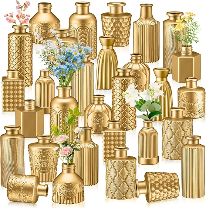 Yaomiao 30 Pcs Vases Bulk Colored Flower Glass Christmas Vases Bud Vintage Colored Glass Bottles Colorful Rustic Embossed for Home Wedding Table Decorations Gifts(Gold Series)