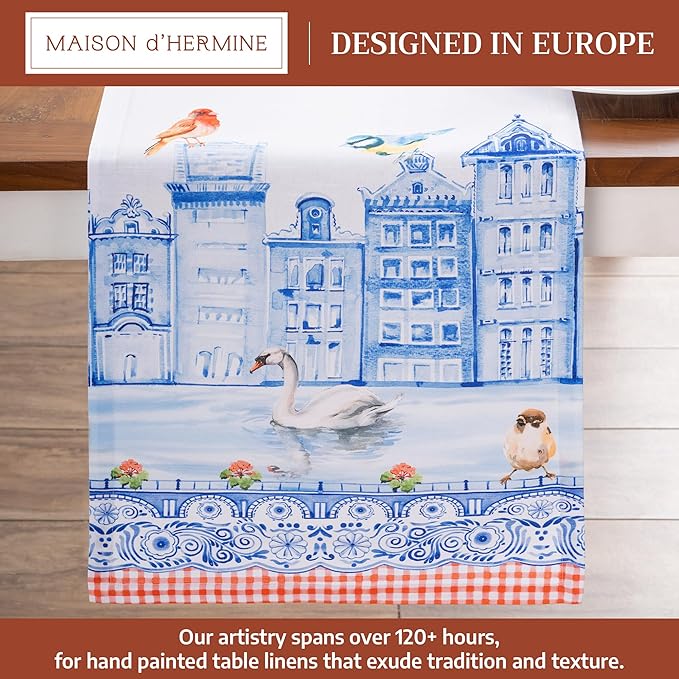 Maison d'Hermine Table runner 100% Cotton DoubleLayer TableRunners 108 inches long Decorative for Home Kitchen Dining Party Baby Shower Wedding Bridal Shower SpringSummer(Amsterdam Canals,14.50"x108")