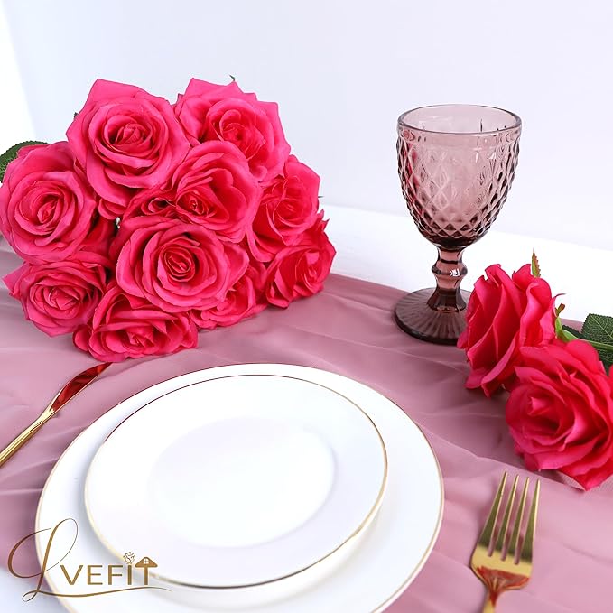 12pcs Artificial Rose Flower Hot Pink Rose Flower with Long Stem Silk Roses Bouquet for Wedding Bridal Shower Party Home Decoration
