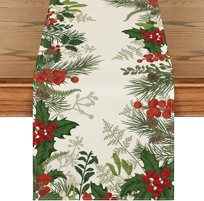 Artoid Mode Holly Pine Cone Christmas Table Runner, Seasonal Winter Kitchen Dining Table Decoration for Home Party Decor 13x60 Inch