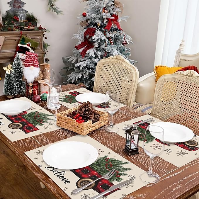Christmas Truck Carry Tree Placemats Set of 4,Christmas Believe 12x18 Inch Non-Slip Washable Heat Resistant Linen Fabric Table Mats,Place Mats for Holiday Party