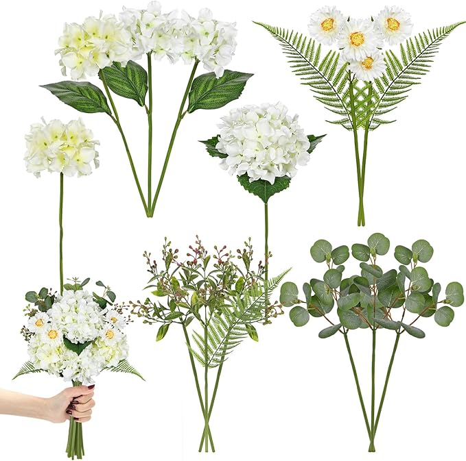 Hydrangea artificial Flowers 12PCS White Faux Flowers Fake Hydrangea Daisies Silk Arrangements Long Stems Realistic Fake Flowers for Vase Floral Centerpiece Wedding Bridal Bouquet Party Home Decor