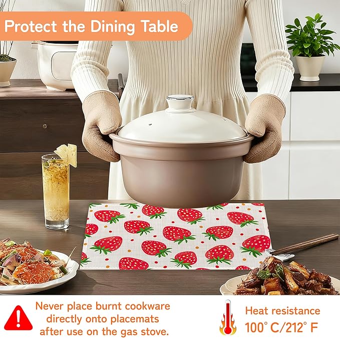 Cute Strawberry Placemat Set of 6,Heat Resistant Linen Table Mats for Indoor Outdoor Home Kitchen Dining Room Table 12x18Inch