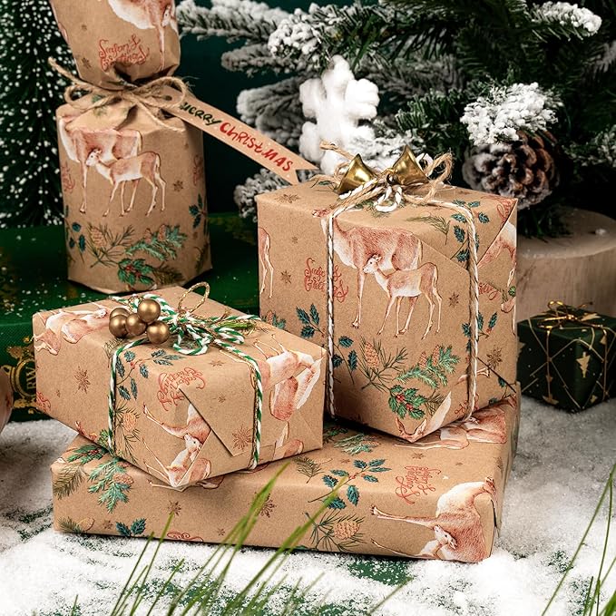WRAPAHOLIC 30 Inch Jumbo Kraft Christmas Wrapping Paper - 30 Inch x 100 Feet Jumbo Roll Reindeer Wrapping Paper with Holly Design for Christmas, Holiday, Party Celebration