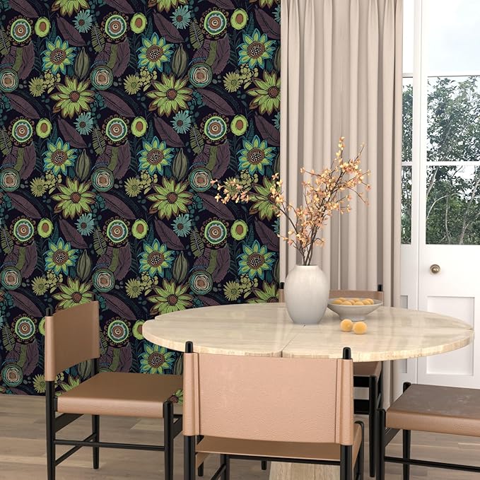 Vintage Boho Wallpaper Peel and Stick, Gothic Floral Contact Paper, Retro Flowers Bohemia Wall Paper Self Adhesive Removable Waterproof for Walls Shelves Cabinet Table 17.5" x 118"(Dark Purple, Green)
