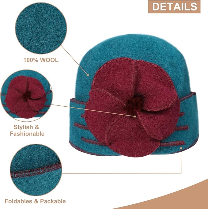 Sumolux Beanie Hats for Women Wool Skull Cap Beret Floral Cuffed French Vintage Dress Cloche Classic Winter 1920s