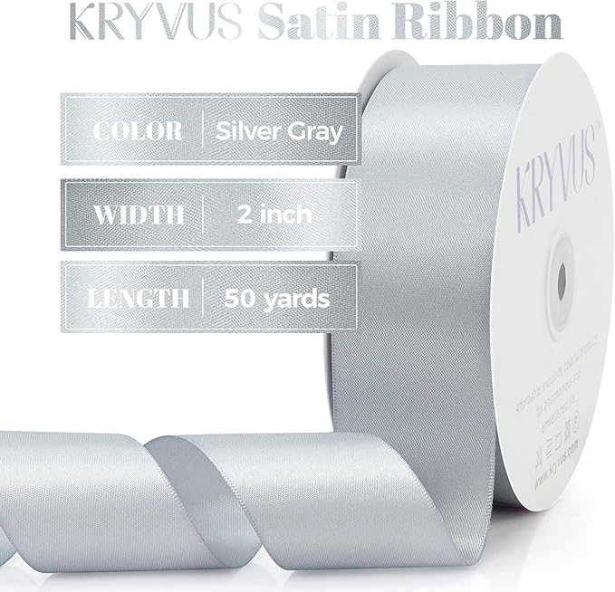 Silver Gray Satin Ribbon, Double Faced 2 Inch X 50 Yards Silver Gray Ribbon, Premium Satin Ribbon for Gift Wrapping, Crafts, Hair Bow Making, Sewing, Flower Bouquet, Wedding Party Decor