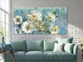 Ardemy Floral Canvas Wall Art for Living Room Large Magnolia White Flowers Teal Picture Bedroom Wall Decor Textured Painting Modern Turquoise Artwork Dining Room Home Office, Extra Large 58"x29"