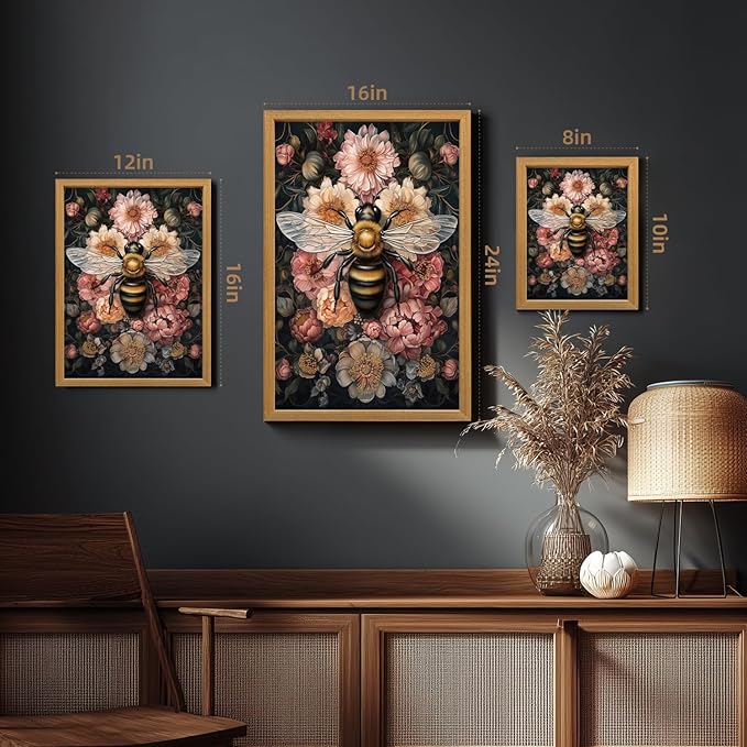 LLEEMPI William Morris Wall Art, Vintage Bee Floral Wall Decor, Insect Flower Canvas Painting, Abstract Nature Botanical Poster Print for Living Room Bedroom Kid Room Hallway Wood Framed 16x24 inch