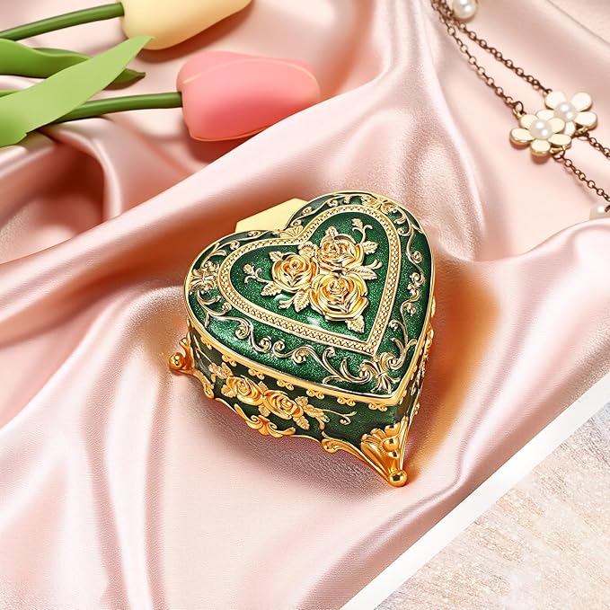 Hipiwe Vintage Jewelry Storage Box Heart Shaped Trinket Box Green Decorative Keepsake Box with Rose Pattern Treasure Organizer Holder for Women