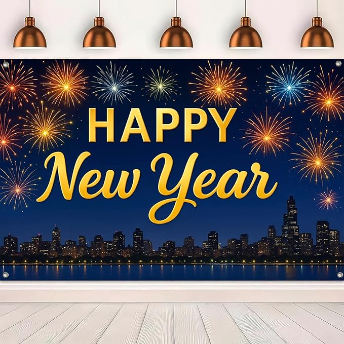Happy New Year Banner 71x43 Inch Fireworks Skyline Party Wall Decoration New Year Photo Backdrop for Indoor Celebration Countdown Event Holiday Party Background Display